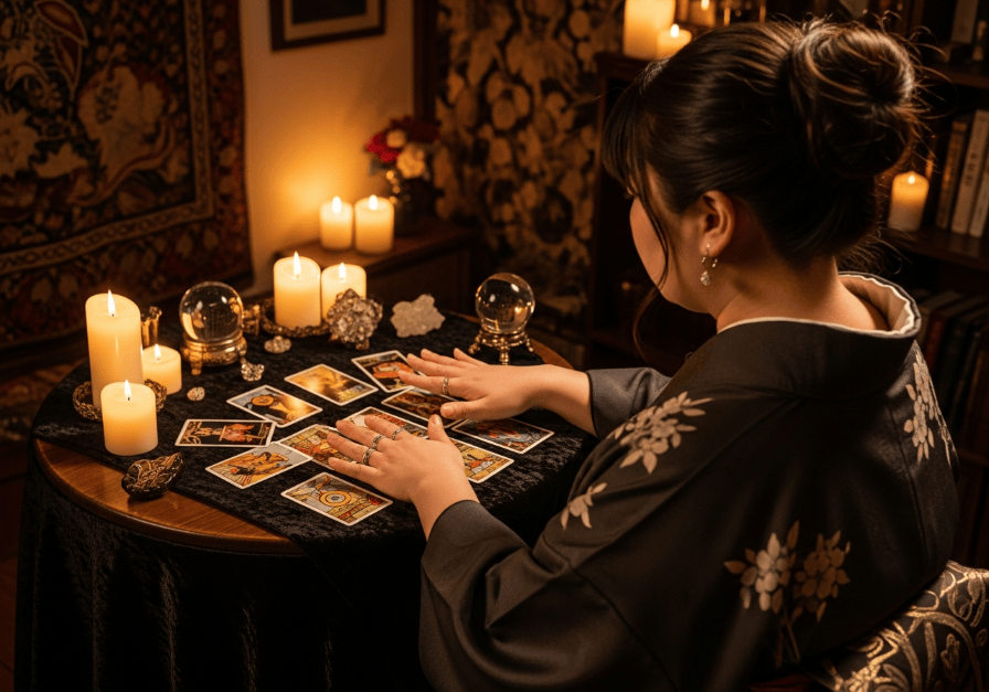 タロット占いをする太った女性占い師