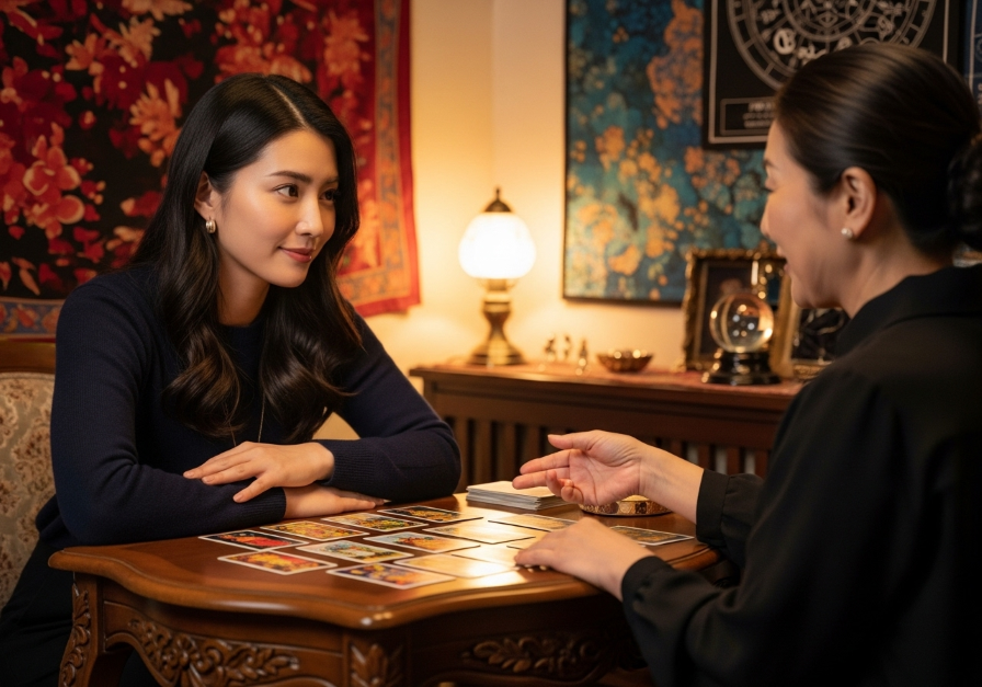 めっちゃ当たると評判の占い師に興味津々の女性