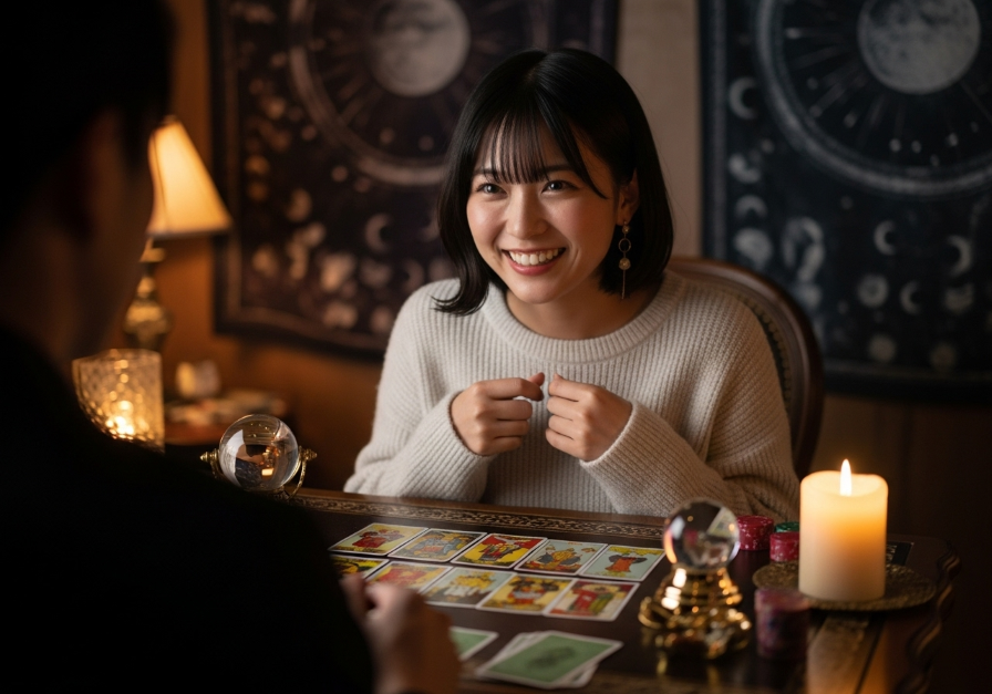 占いの結果を聞いて笑顔になる女性