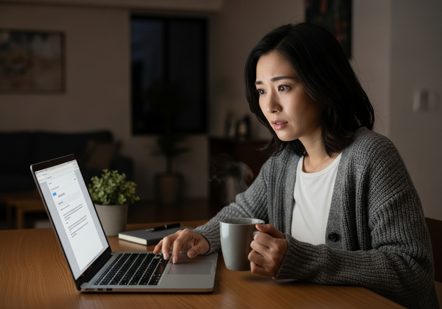 初めてのメール占いで不安げな女性