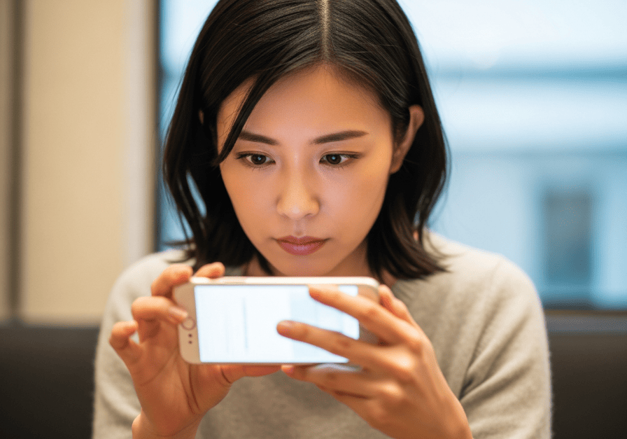 マッチングアプリの画面を真剣に見つめる30代女性