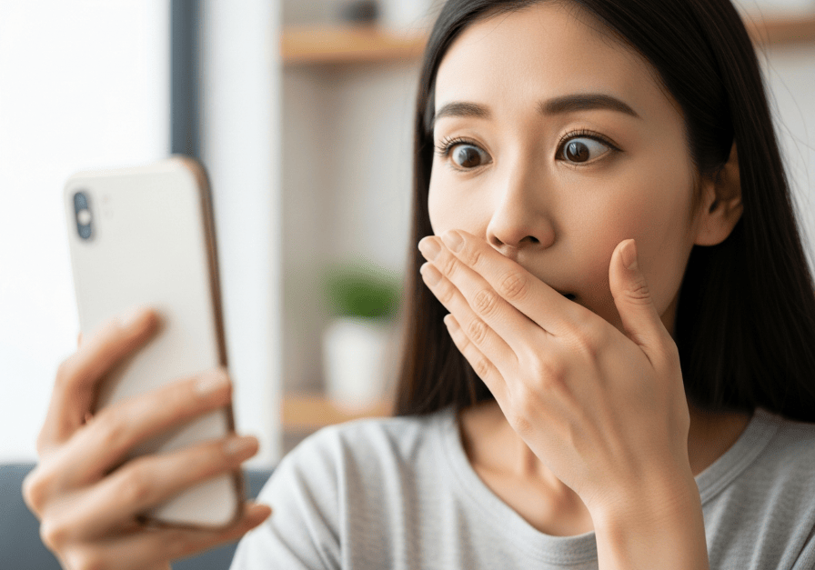 スマホ画面を見て驚く女性