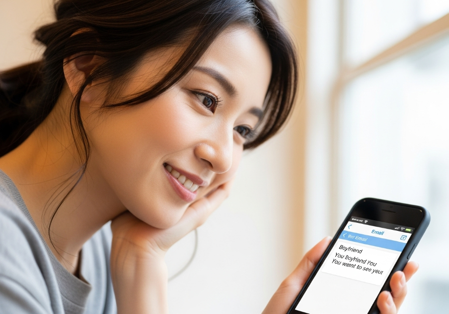 彼氏が会いたがっている内容のメールを送ってきて微笑む女性