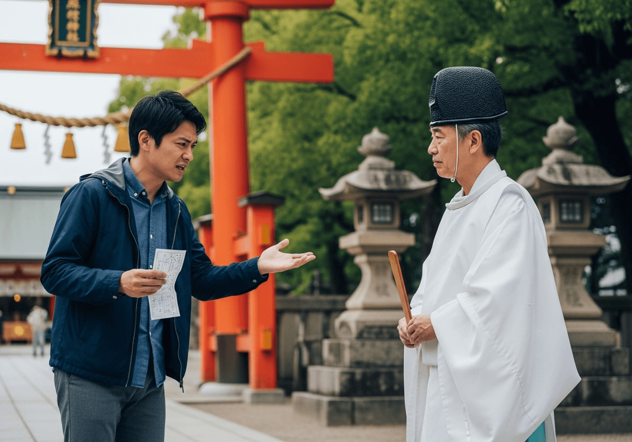 神社でおみくじの内容に対してクレームを入れてる男性