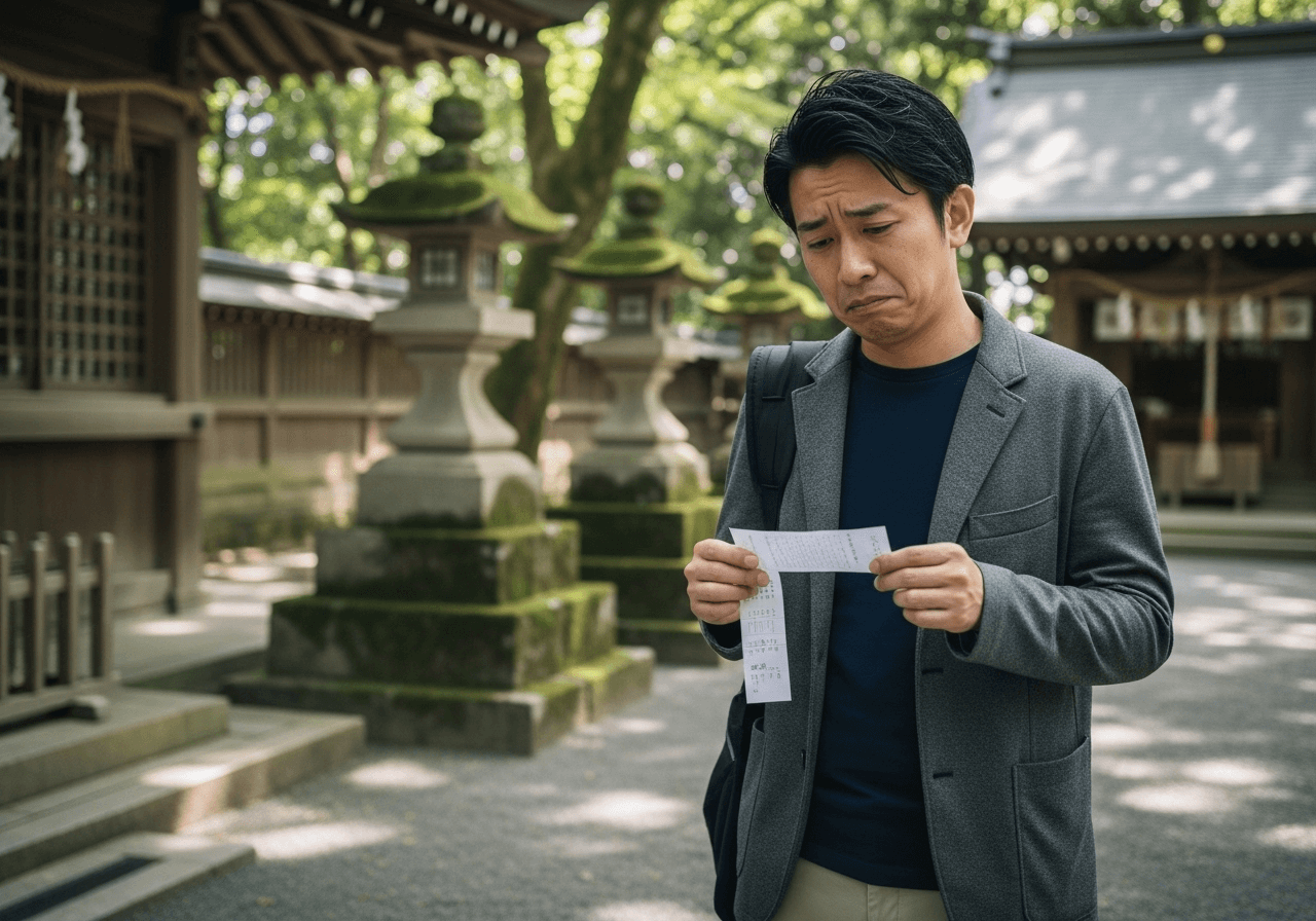 おみくじを引いて落胆する男性