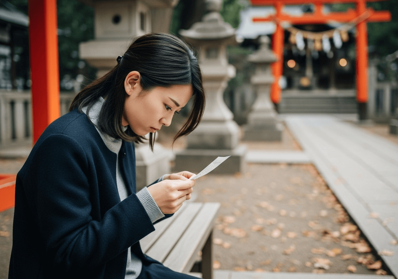 おみくじを引いて落胆する女性