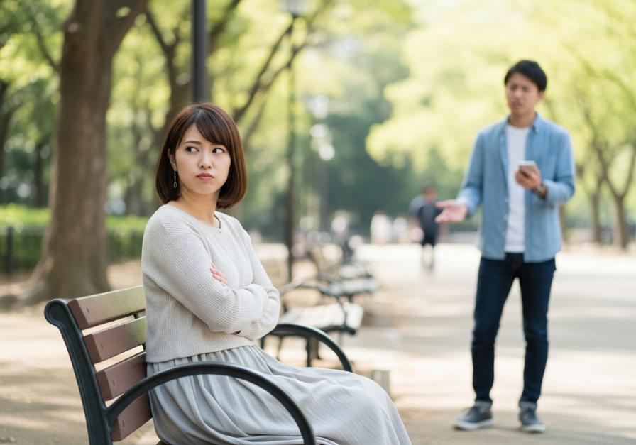彼が写真をとってくれないことに不満に思っている女性