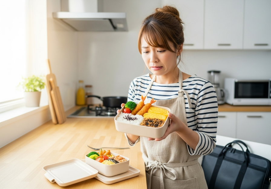 仕事に行く彼のお弁当作りに失敗した女性