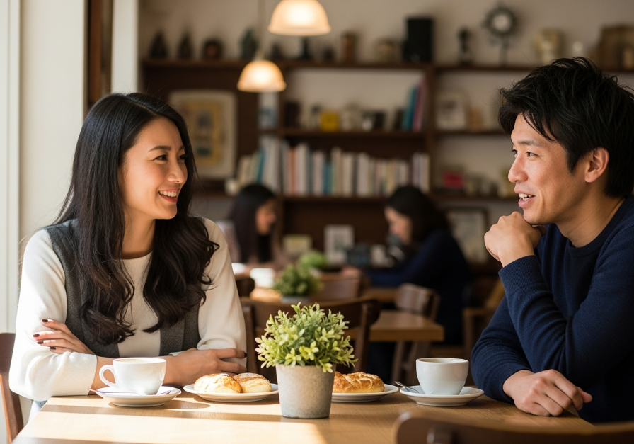 カフェで彼氏から可愛いと言われ微笑む女性