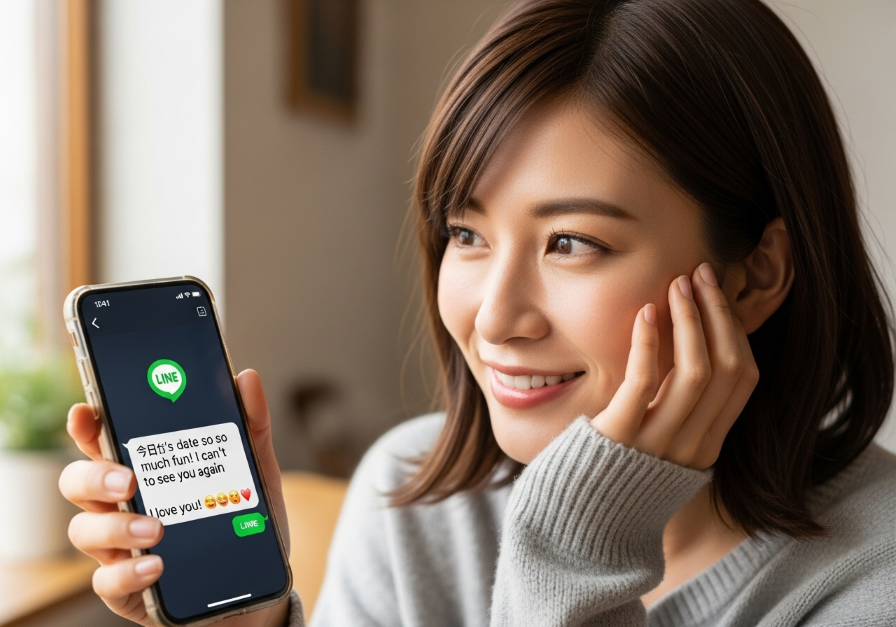 彼氏がLINEのメッセージで照れたことに微笑む女性