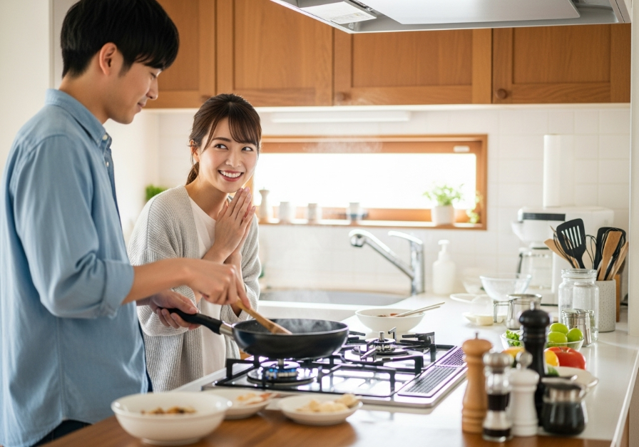 彼氏が手料理を作ってくれるということで喜ぶ女性