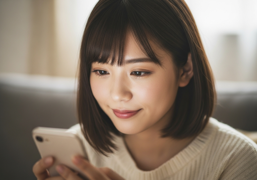 インスタのハイライトっを見ながら彼氏との思い出にひたる女性