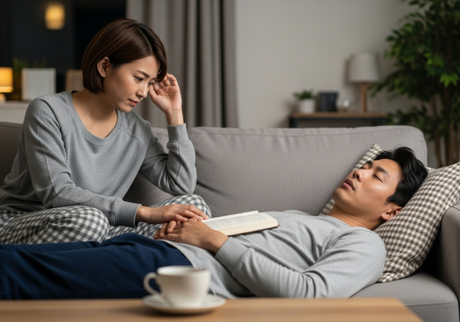 彼が頻繁に寝落ちすることに頭が痛い女性