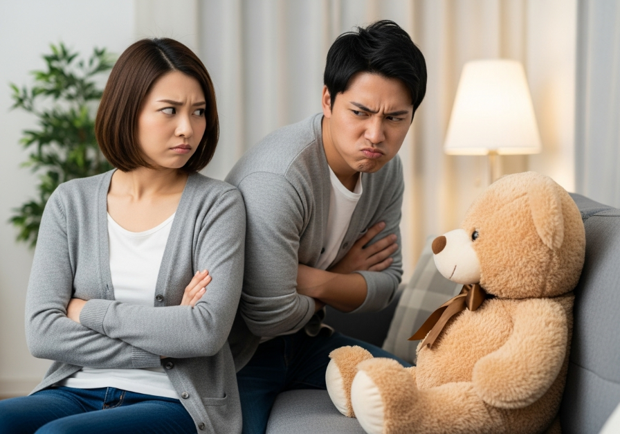 彼がぬいぐるみに嫉妬して困惑する女性