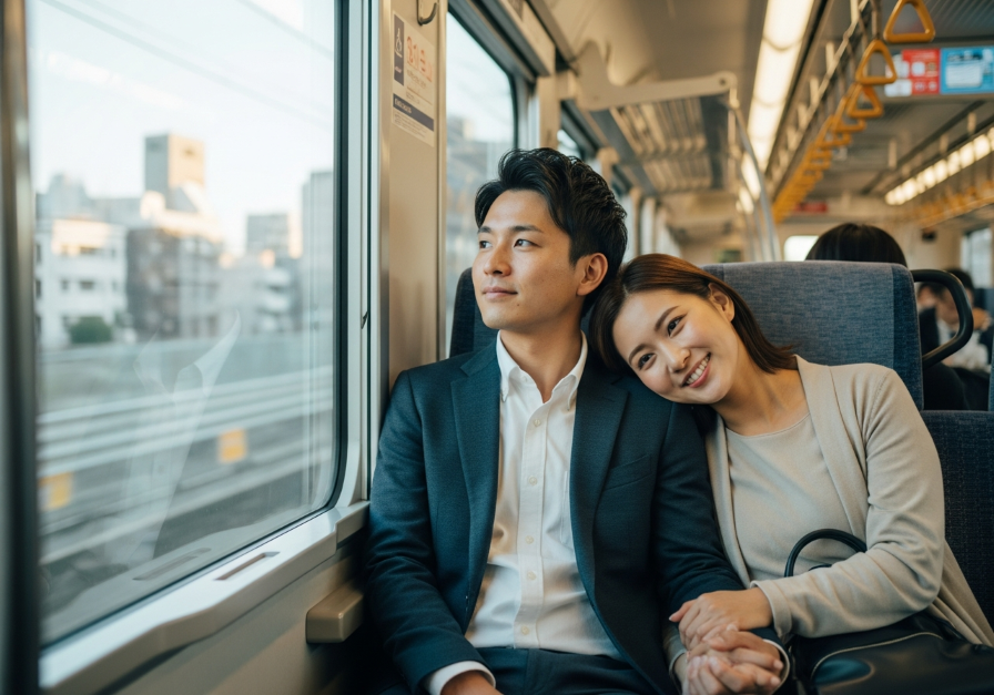 免許なしの彼と電車でデートに行く女性