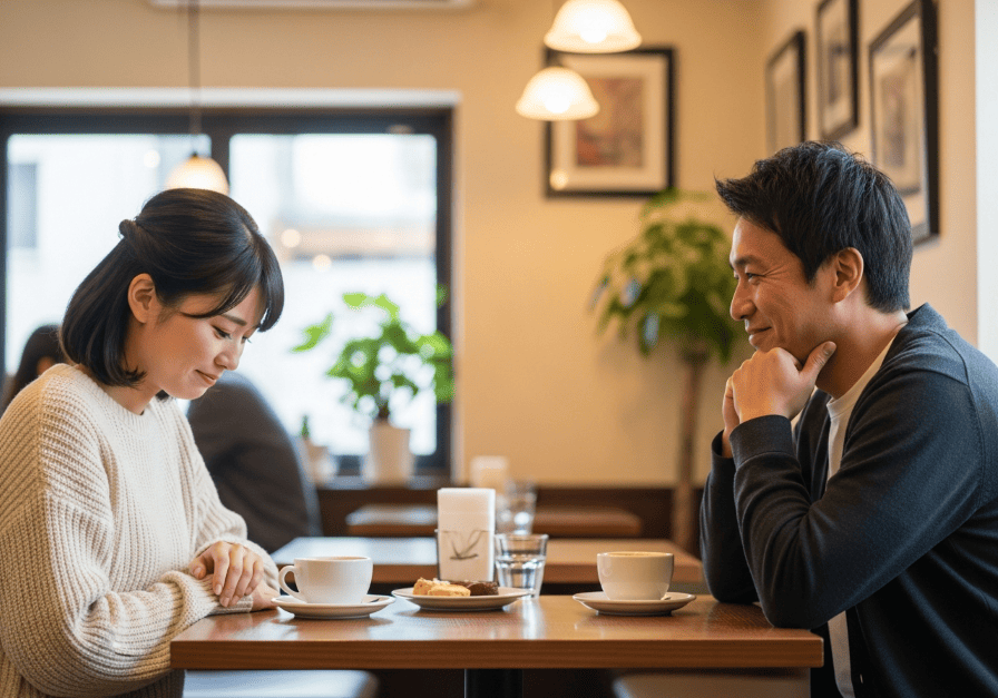 カフェで彼氏に見つめられて恥ずかしがる女性