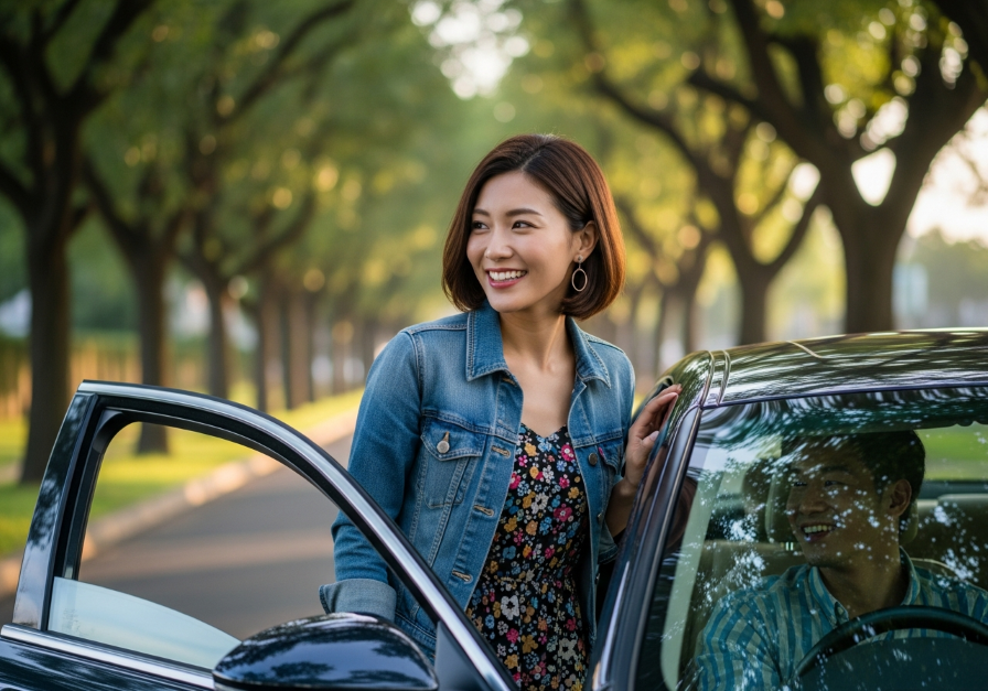 彼氏が迎えに来てくれて笑顔を見せる女性