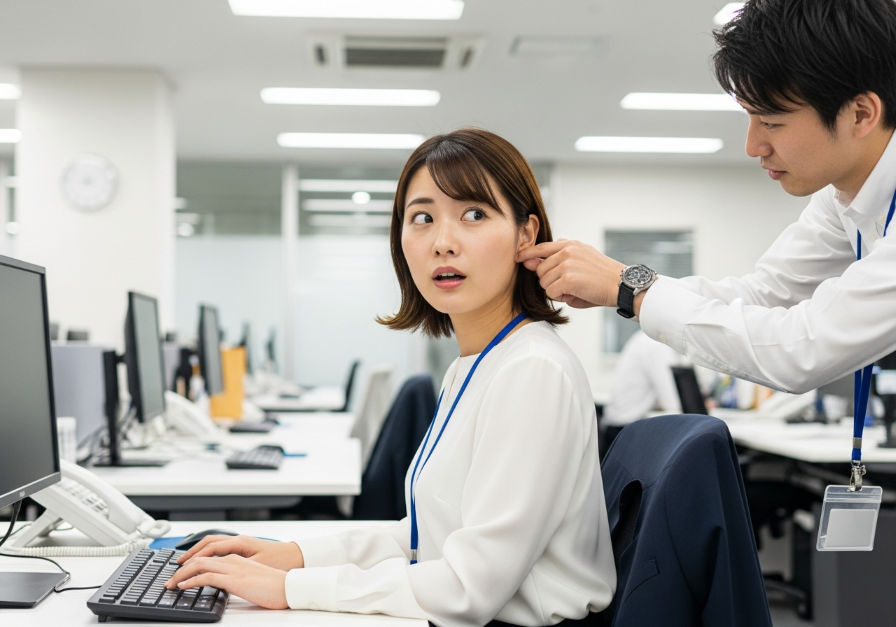 職場で突然耳を触られ驚く女性
