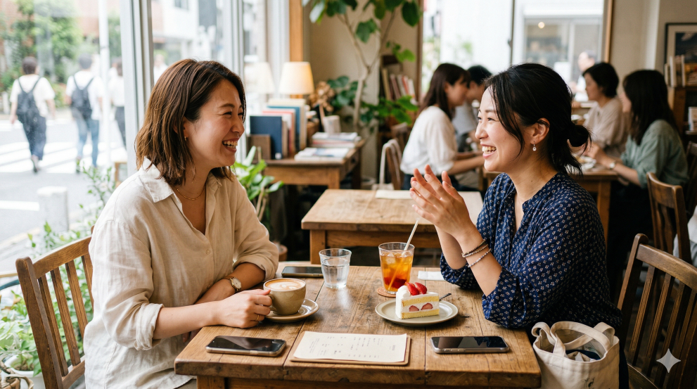 久しぶりにカフェで友人と会う女性