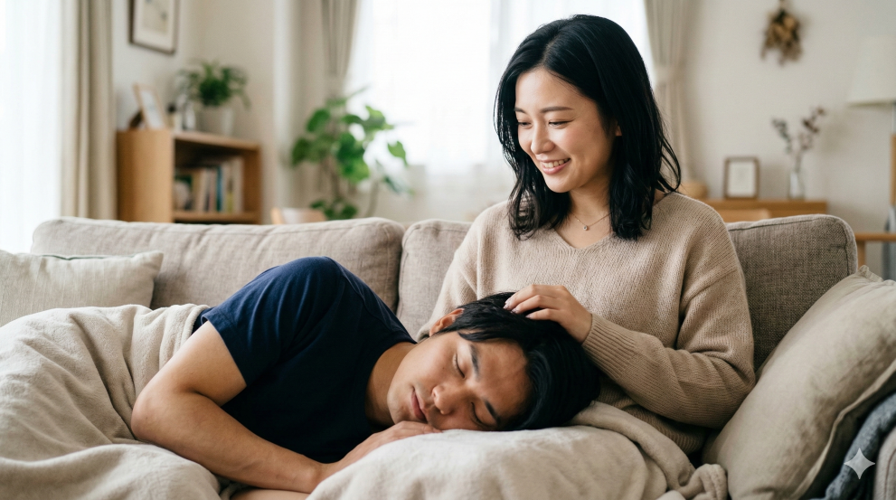 彼がよく眠りこんでかわいいと思っている女性