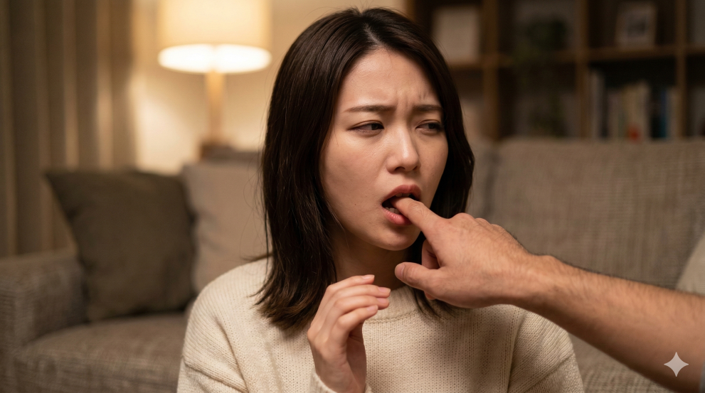 彼が口に指を入れてくるのを怪訝そうに感じる女性