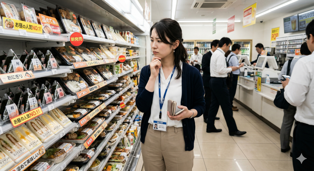 お昼時、コンビニの弁当やおにぎりを見て迷う女性