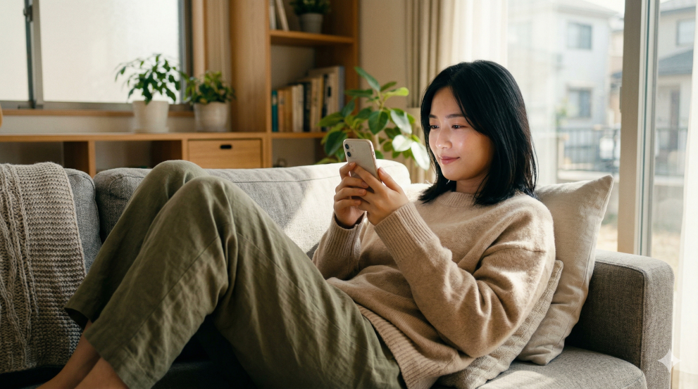 休日ソファあでスマホを眺める女性