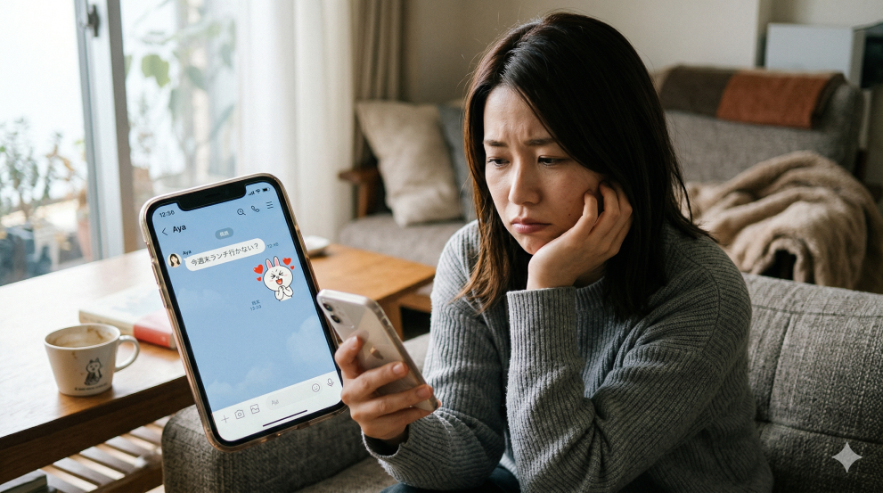 友人からのランチの誘いのメッセージを見て気乗りしない女性