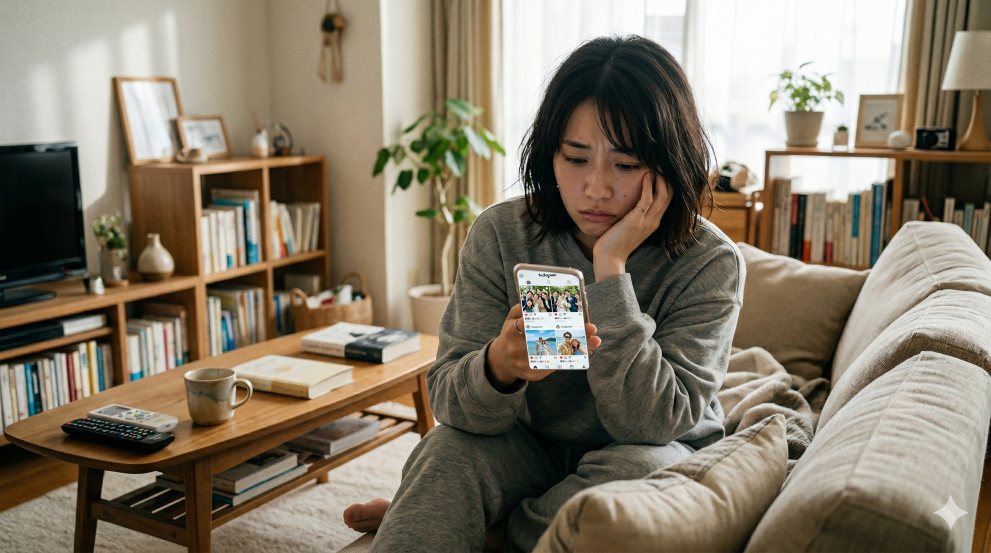 休日に携帯画面をボーっと眺める女性