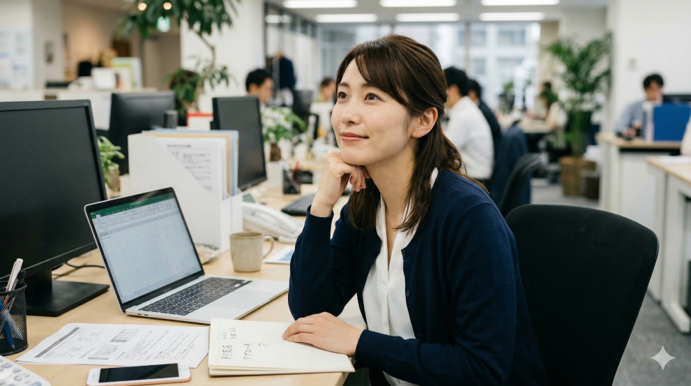 別支店の男性社員にどうやってアプローチするか思案している女性