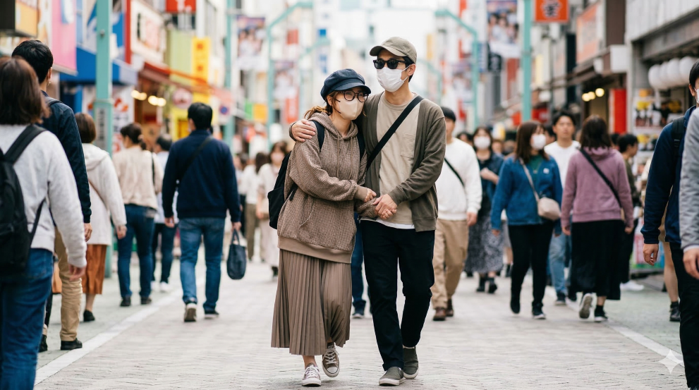 社内恋愛している彼と休日変装してデートする女性