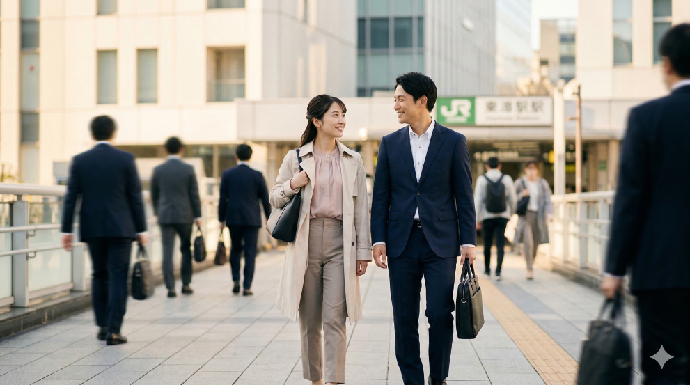 社内恋愛中の彼と一緒に通勤する女性