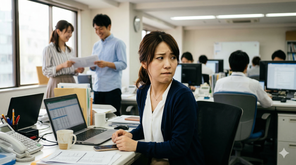同僚に彼の元カノがいる事に神経質になっている女性