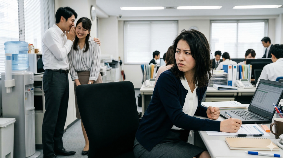 社内でいちゃいちゃしてる二人にムカついている女性