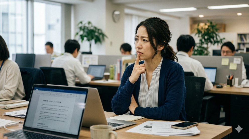 オフィスで一人考え込む女性