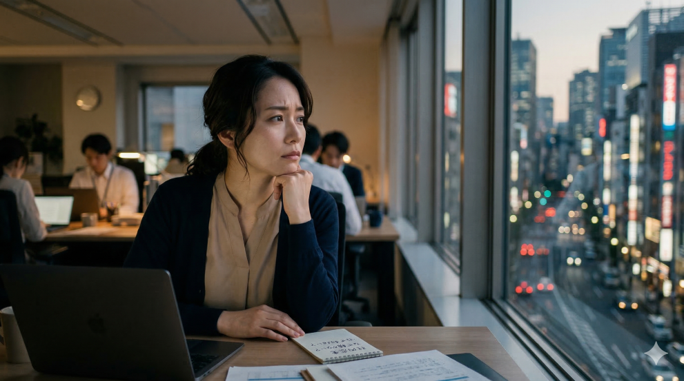 社内恋愛はなぜ続かないのか考え込む女性