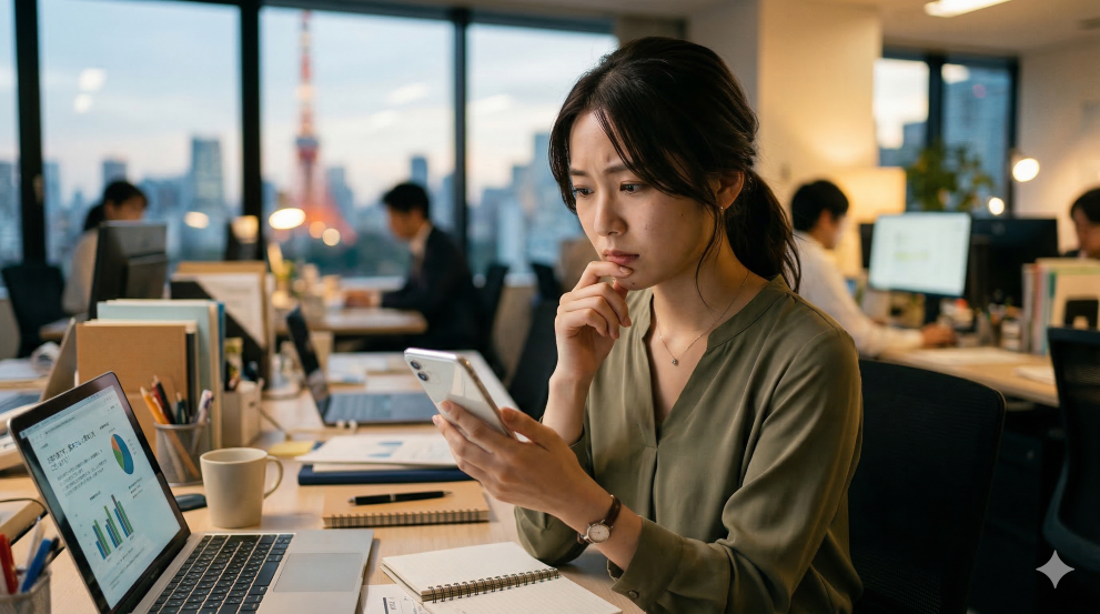 同僚男性社員に誘いのLINEを入れようか悩む女性