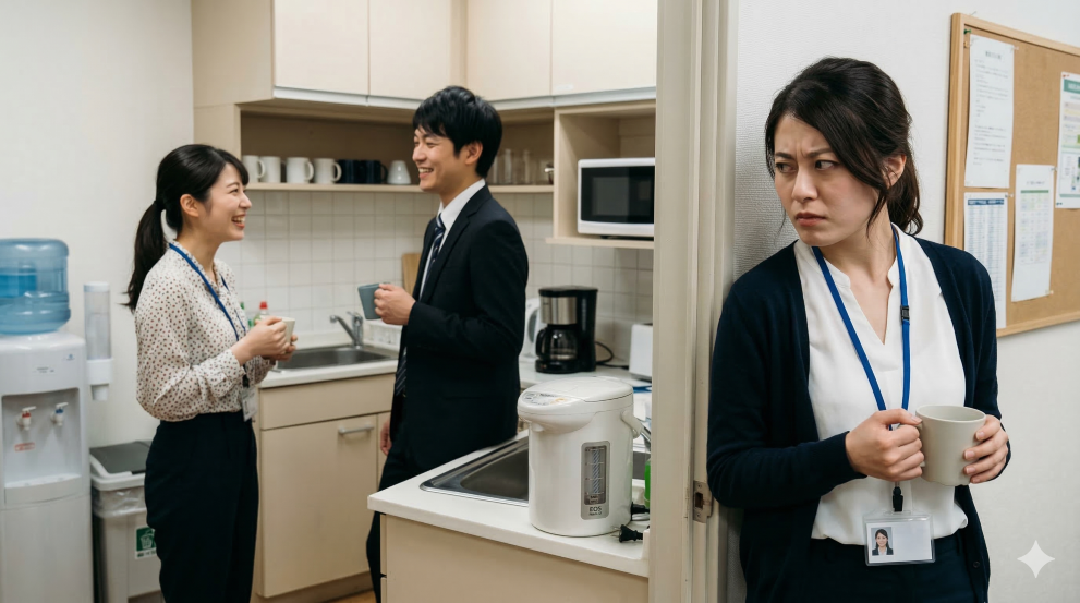 給湯室で彼が他の女子社員と話しているのが気になる女性