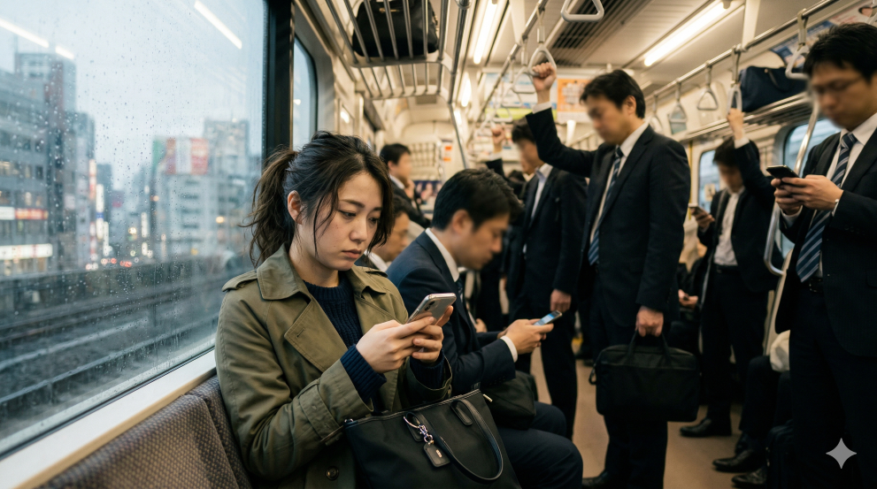 通勤電車でスマホを眺める女性