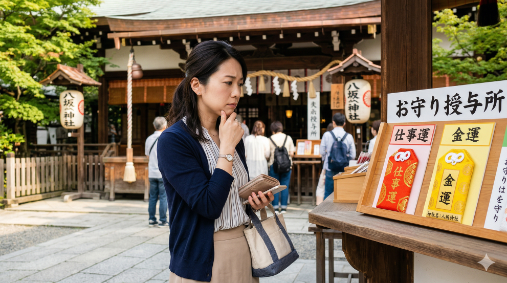 仕事運と金運のどちらを願掛けするか悩む女性