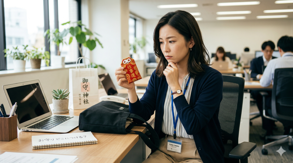 仕事運を上げるためにお守りをどこにつけようか悩む女性