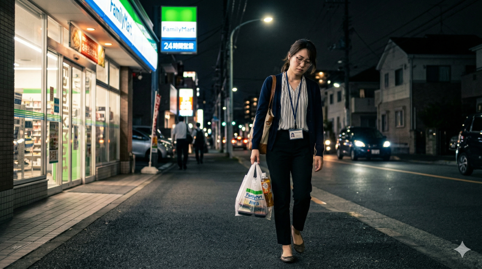 仕事運に恵まれない女性がコンビニ弁当を買って帰宅